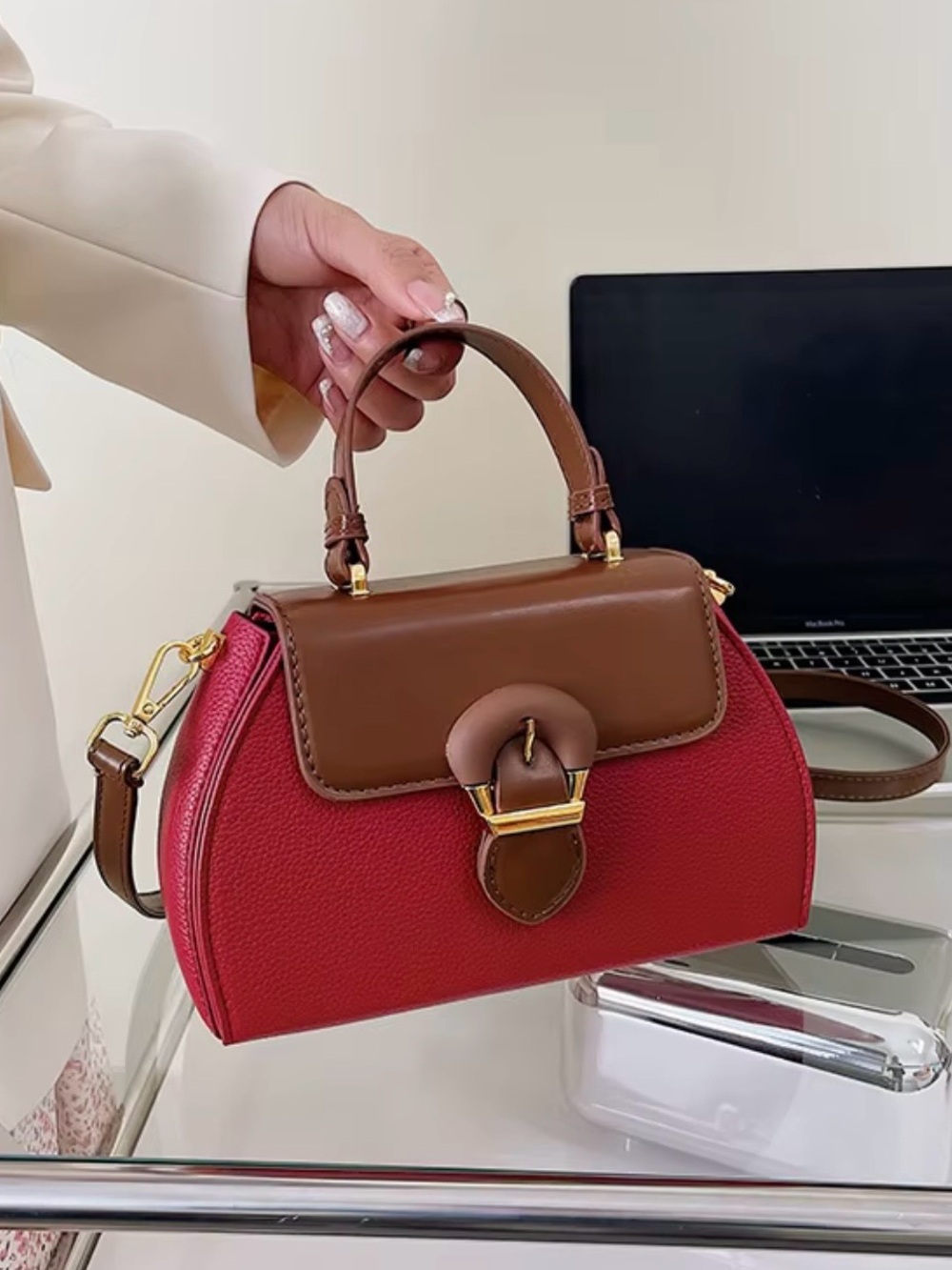 Women’s Red and Brown Top-Handle Satchel Handbag